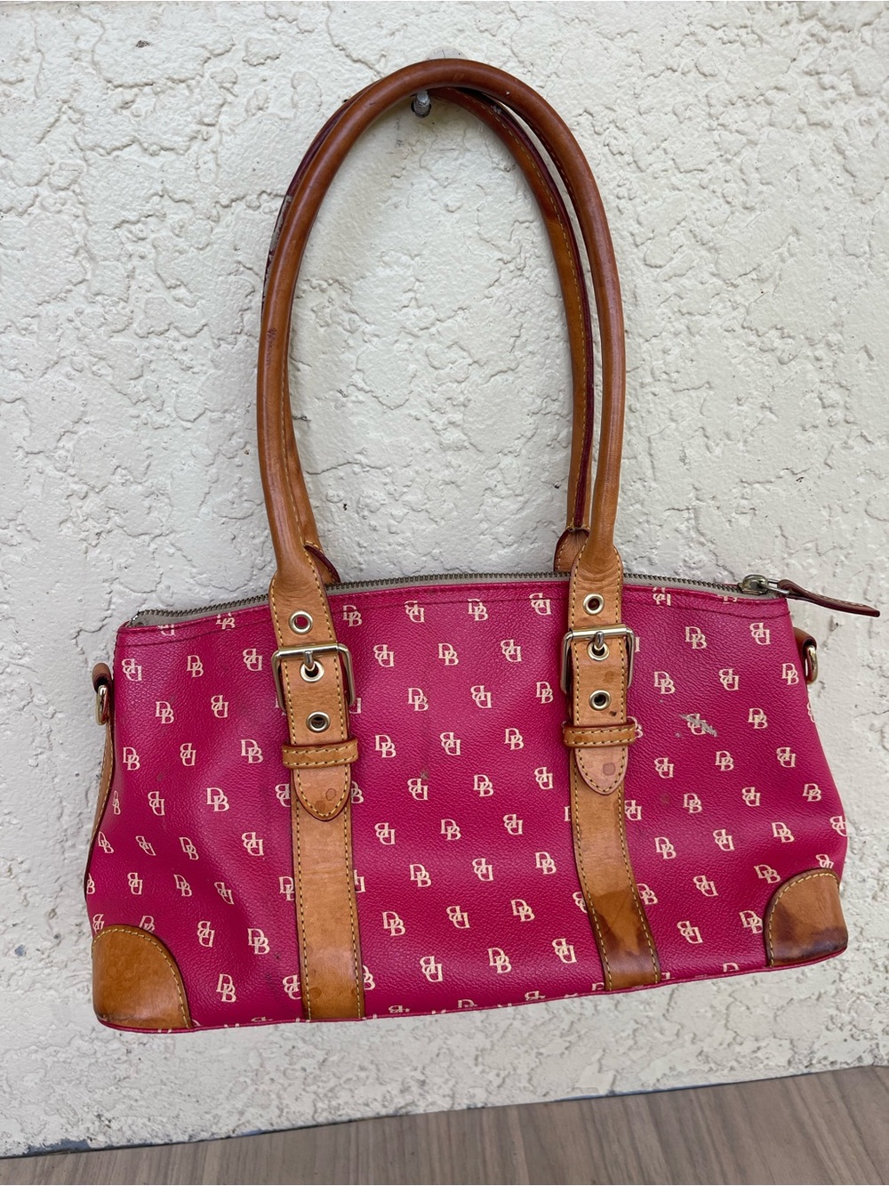 Dooney & Bourke Pink Signature Shoulder Bag with Brown Trim